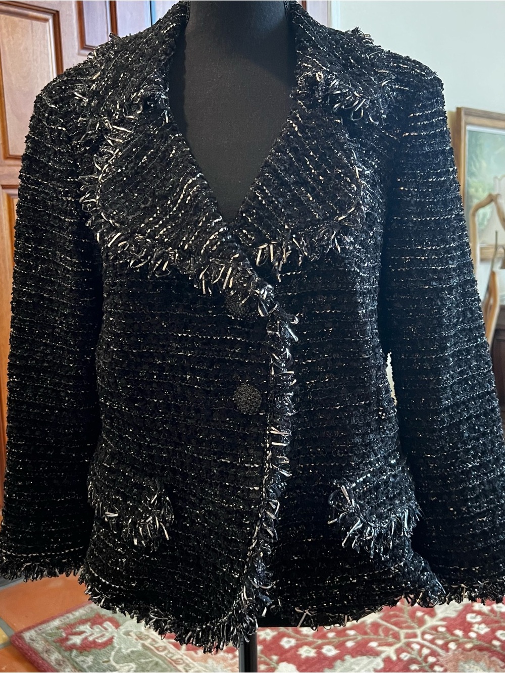St. John Black And Silver Boucle Knitted Blazer Jacket Size 12 Resort Collection